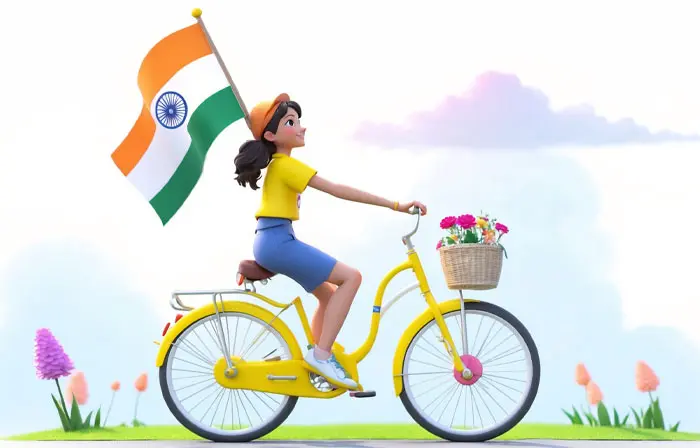 Happy Girl on Bicycle with Indian Flag on the Occasion of Independence Day 3D Character Illustration